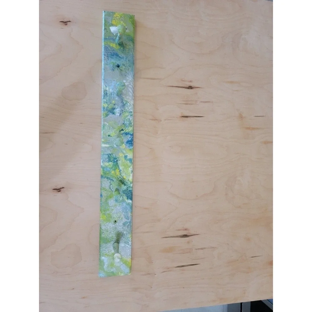 Hand Painted Fluid Art Wooden Wall Rack 5 Peg Hook Green Teal‎ Marbled Entryway